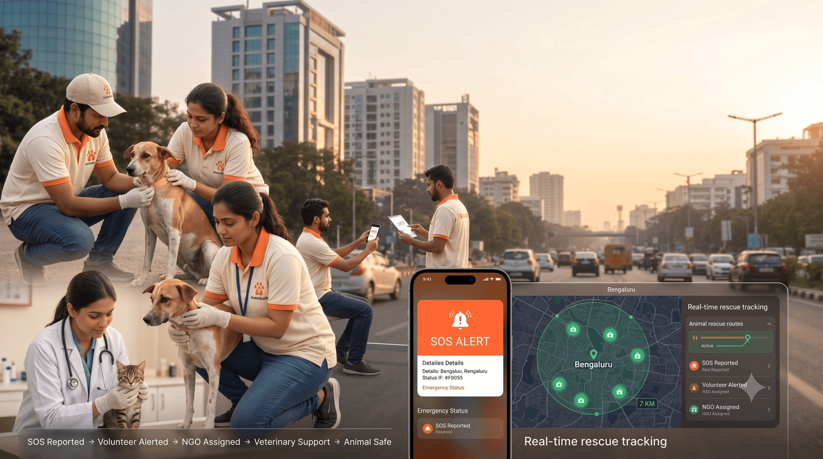 AnimalSathi volunteers rescuing an injured animal on a city street — community rescue in action